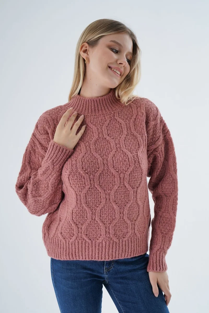 Trist Star Women's Dusty Rose Oversize Half Turtleneck Walk Honeycomb Knitting Wool Special Yarn Knitwear Knitted Sweater