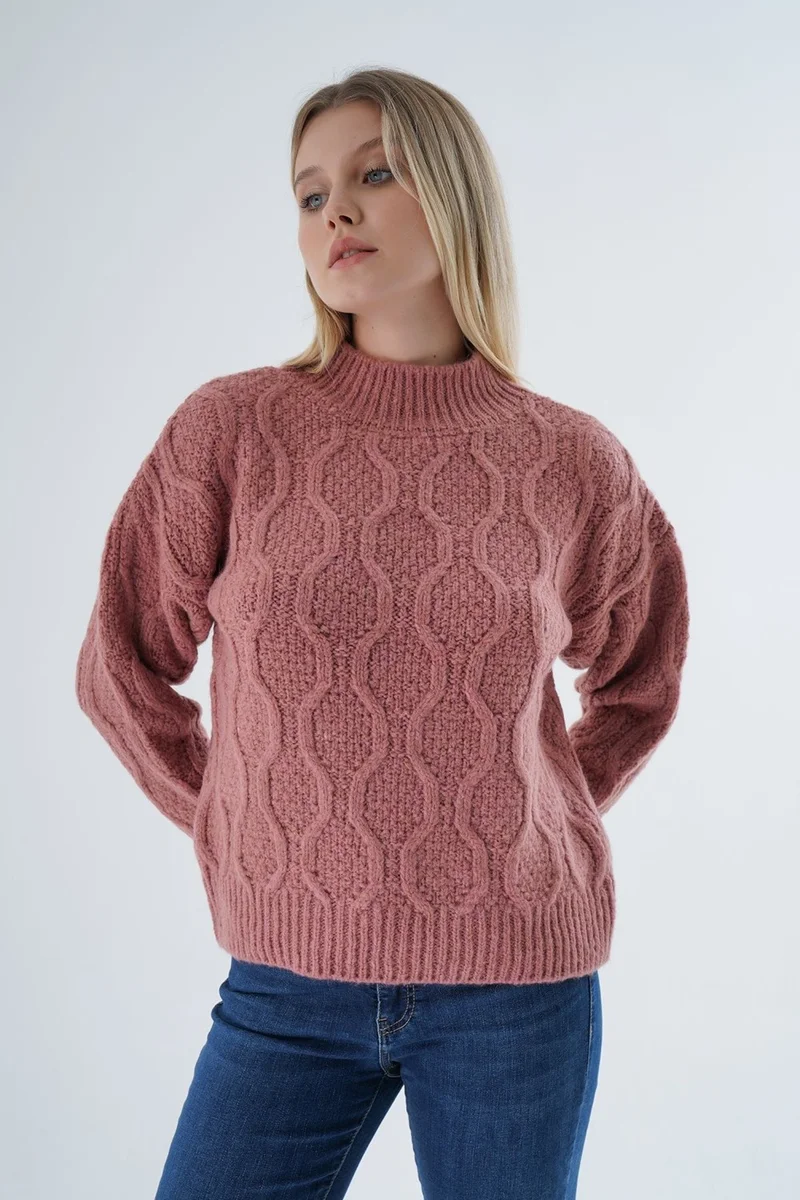 Trist Star Women's Dusty Rose Oversize Half Turtleneck Walk Honeycomb Knitting Wool Special Yarn Knitwear Knitted Sweater