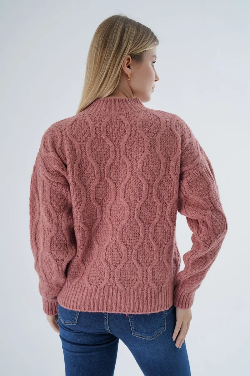 Trist Star Women's Dusty Rose Oversize Half Turtleneck Walk Honeycomb Knitting Wool Special Yarn Knitwear Knitted Sweater
