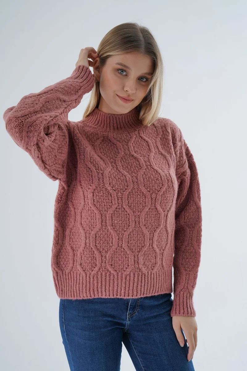 Trist Star Women's Dusty Rose Oversize Half Turtleneck Walk Honeycomb Knitting Wool Special Yarn Knitwear Knitted Sweater
