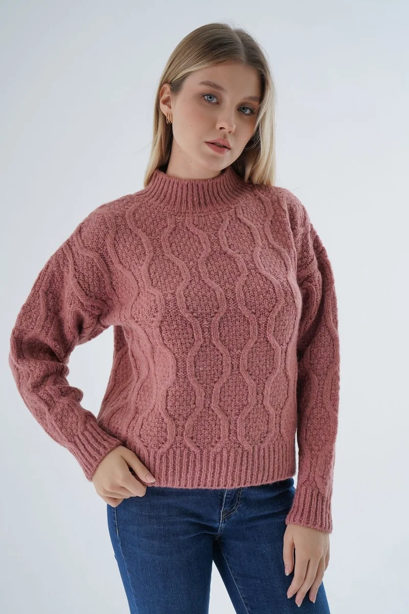 Trist Star Women's Dusty Rose Oversize Half Turtleneck Walk Honeycomb Knitting Wool Special Yarn Knitwear Knitted Sweater