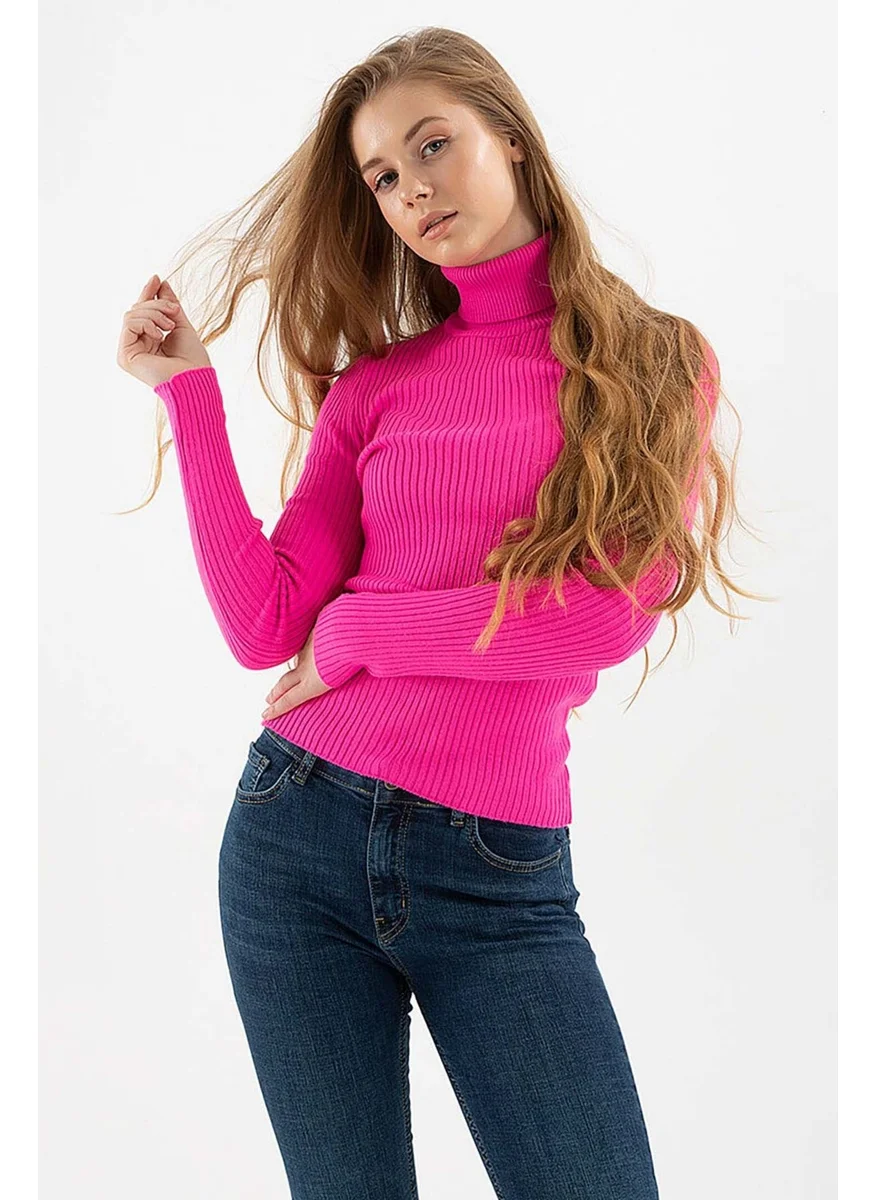 Fashion Friends Women's Ribbed Turtleneck Sweater 23K0288K1 Fuchsia