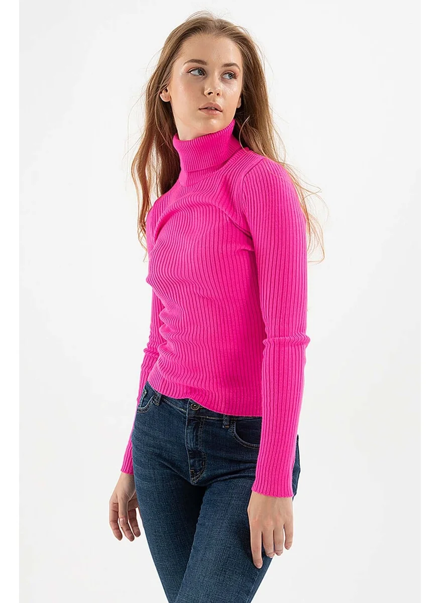 Fashion Friends Women's Ribbed Turtleneck Sweater 23K0288K1 Fuchsia