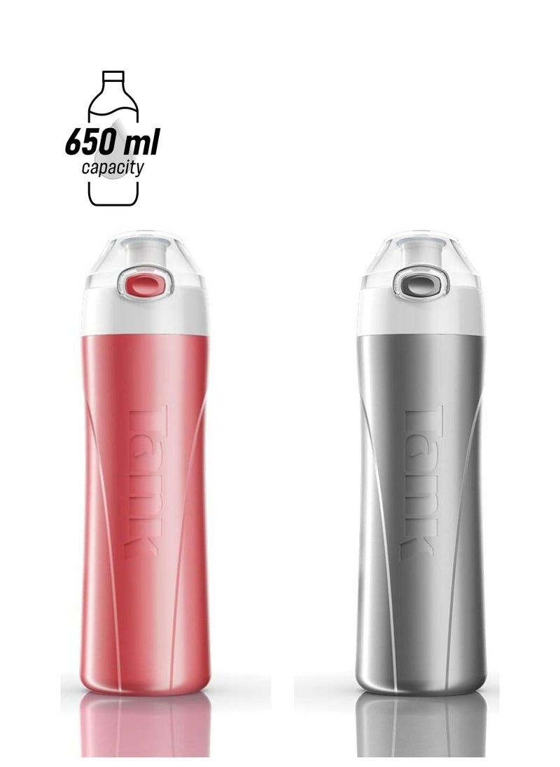TANK 2-Piece Plastic Water Bottle Set Pink/Silver 650ml  - Image 1