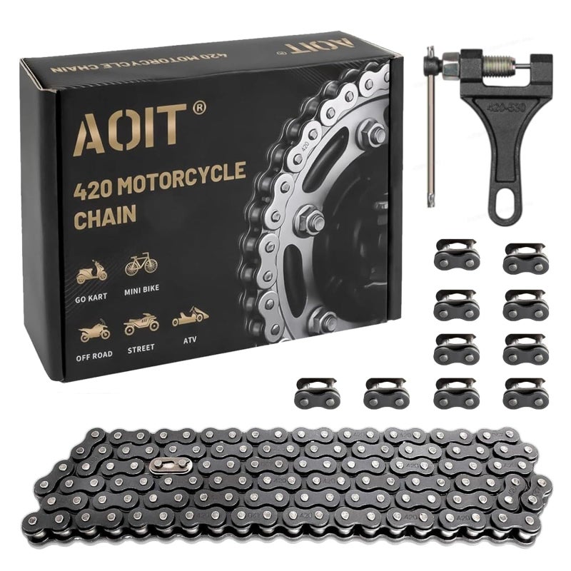 420 Motorcycle Chain 132 Links 420 Chain for 50 70 90 110 125cc 212cc TaoTao Coolster Apollo Baja Kazuma Chinese ATV 420 Chain for Mini Bike Go Kart Free Chain Breaker Included
