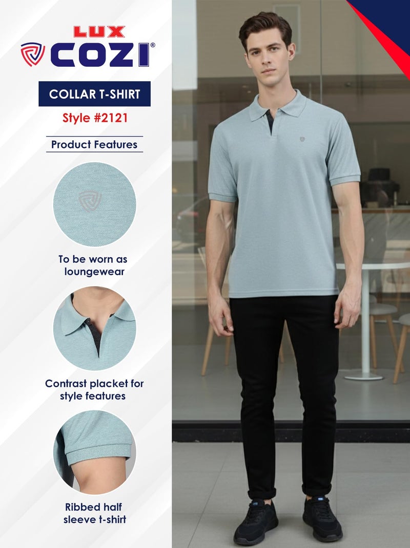 Lux Cozi Men's Pack of 1 Pale Green Regular Fit Polo Neck Half Sleeve Solid Casual T-Shirt (Size : Large)_COZI_2121_PALGN_L_1PC - Image 2