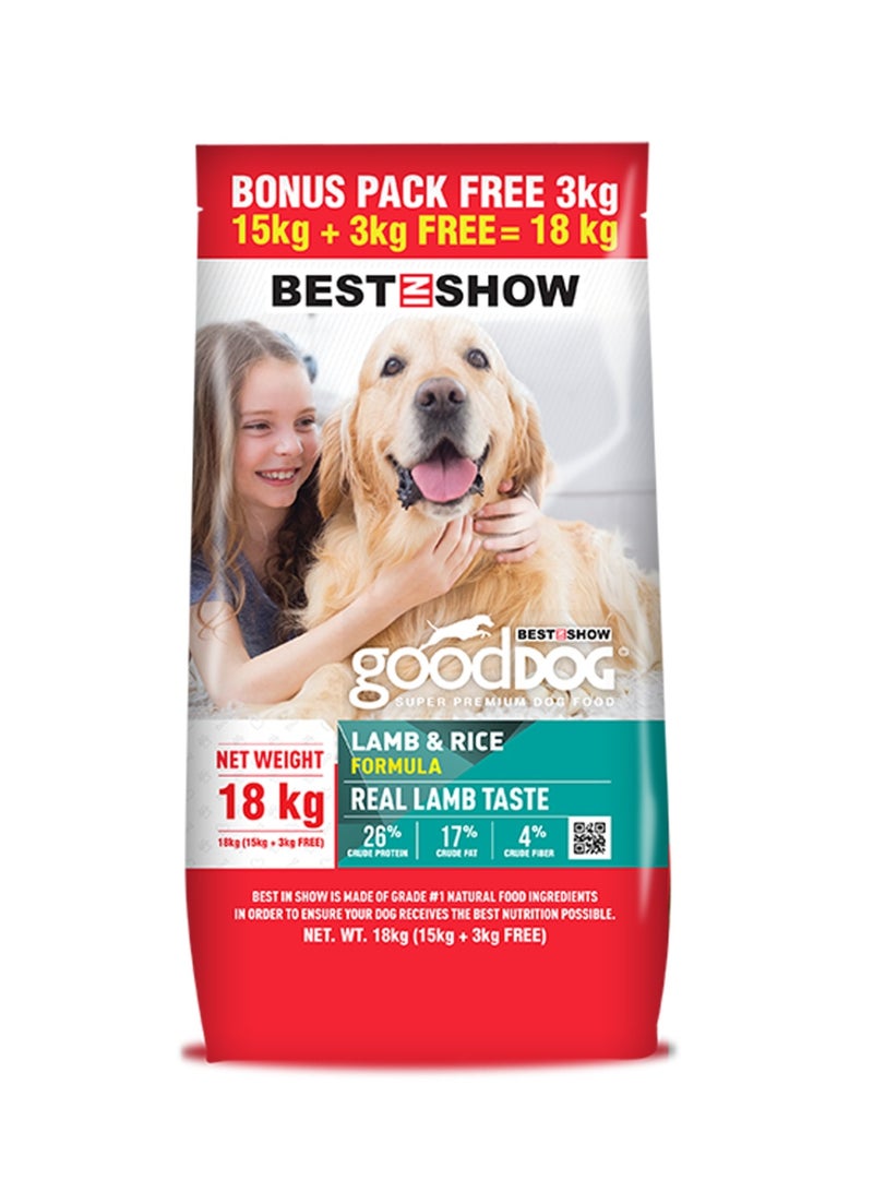 Good Dog Dry Dog Food - Adult Lamb & Rice Formula - Real Lamb Taste - 18kg (15kg + 3kg Free Bonus Pack) - Image 1