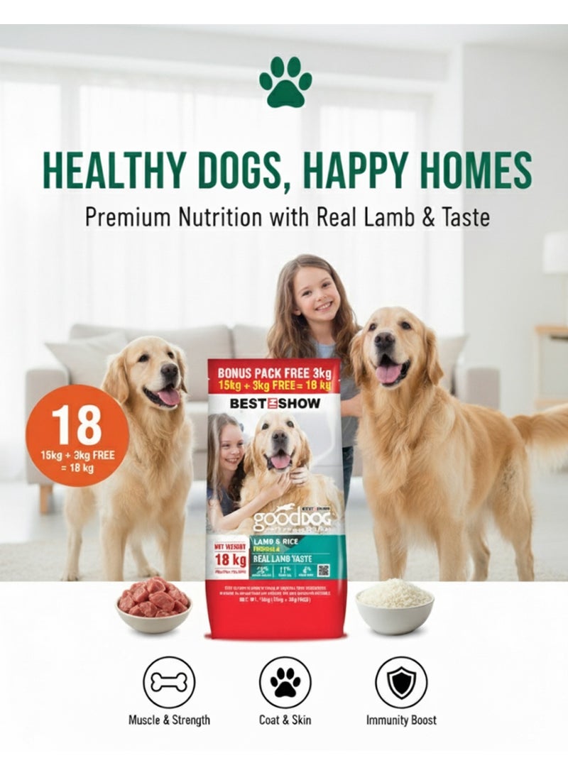 Good Dog Dry Dog Food - Adult Lamb & Rice Formula - Real Lamb Taste - 18kg (15kg + 3kg Free Bonus Pack) - Image 4
