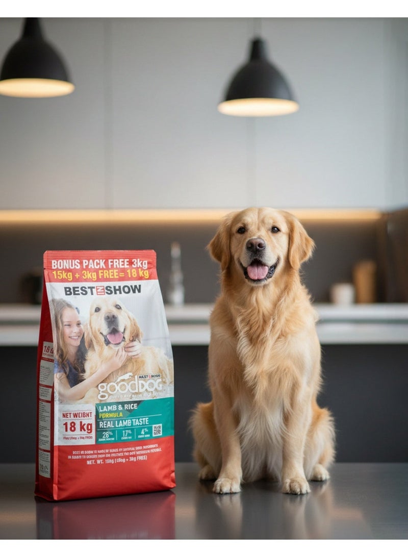 Good Dog Dry Dog Food - Adult Lamb & Rice Formula - Real Lamb Taste - 18kg (15kg + 3kg Free Bonus Pack) - Image 3