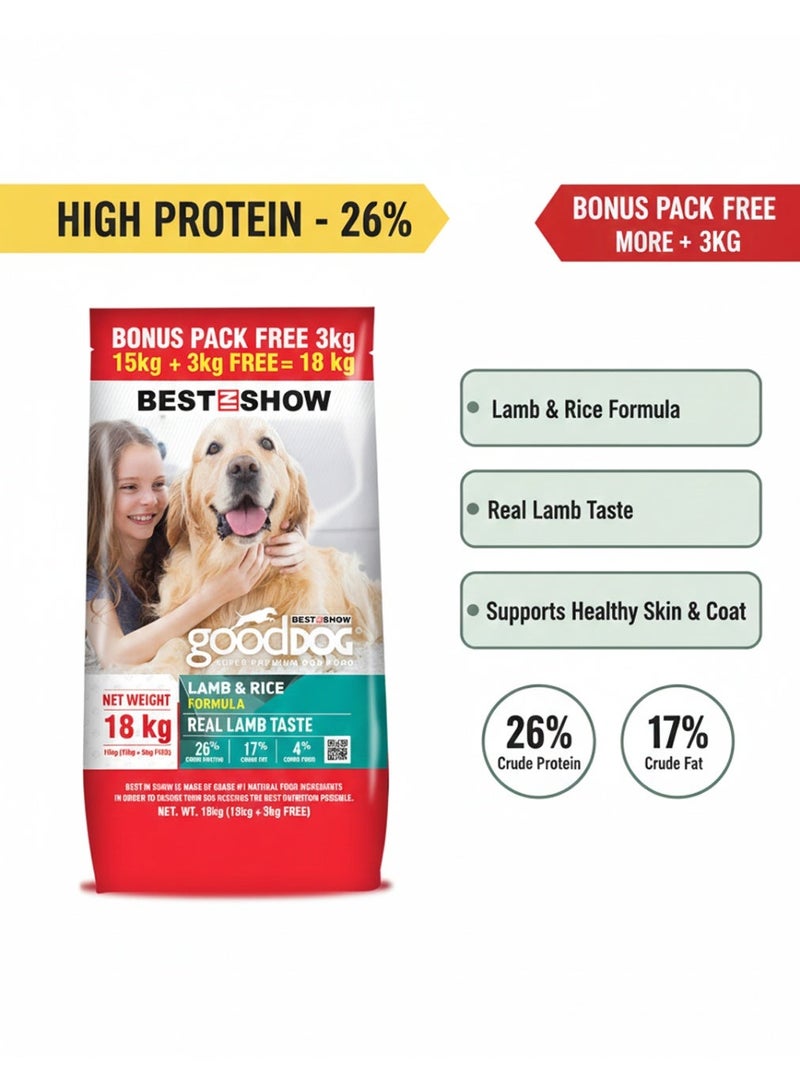 Good Dog Dry Dog Food - Adult Lamb & Rice Formula - Real Lamb Taste - 18kg (15kg + 3kg Free Bonus Pack) - Image 2