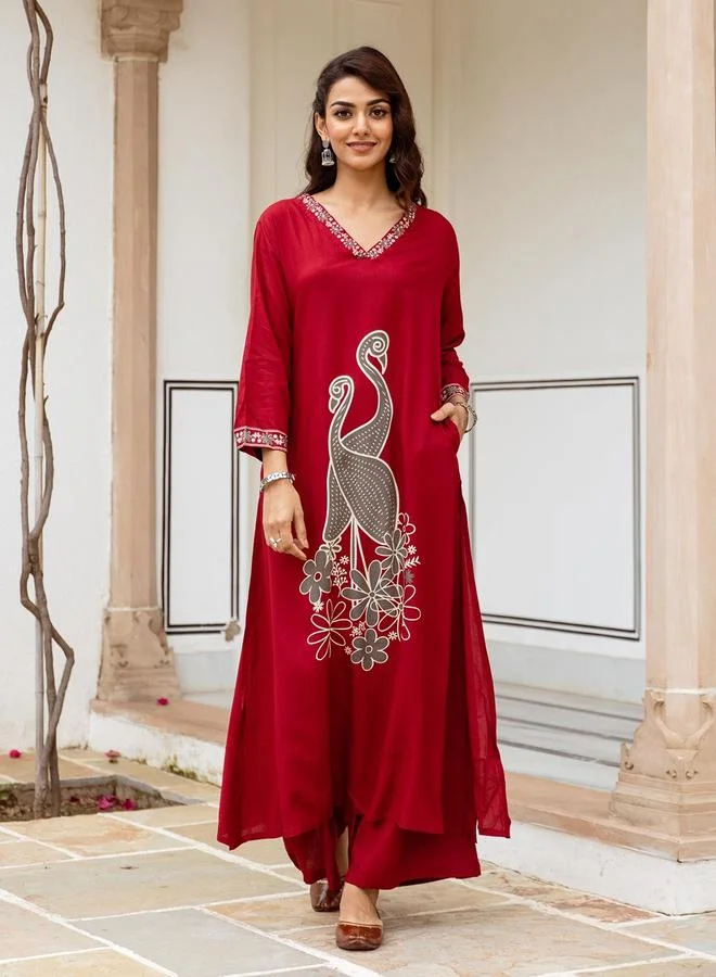 آي شين Women's Red Rayon Printed Tunic Upper Calf Length Palazzo Bottom Straight Fit 2 Peice Kurta Set