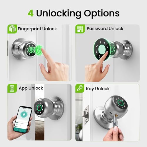 GHome Smart Fingerprint Door Lock 4 in 1 Smart Fingerprint Door Knob with Keypad App Control Auto Lock Biometric Door Knob with Lock for Bedroom Apartment Garage Home Office - Image 3