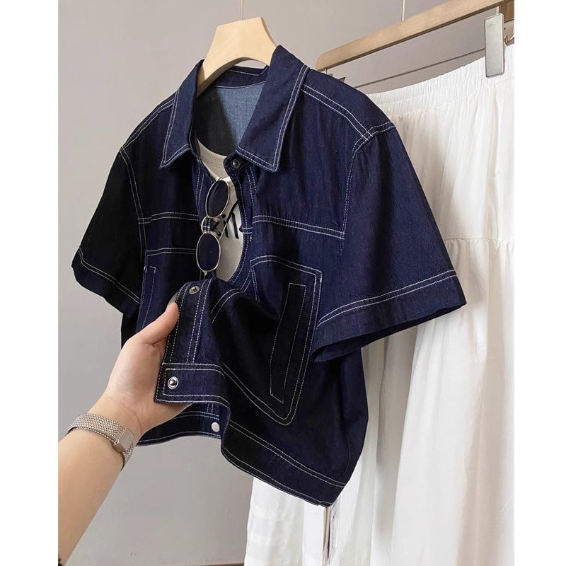 2025 Spring/Summer Versatile Slimming Vintage Original Color Denim Jacket with Topstitching Short Denim Short Sleeve Shirt for Women Trendy Picture color