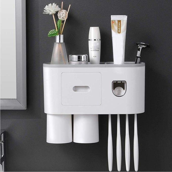 TOOTHBRUSH HOLDER WALL MOUNTED AUTOMATIC TOOTHPASTE DISPENSER SQUEEZER KIT WITH HOLDERS FOR BATHROOMSHELF MAGNETIC CUPS TOOTHPASTE HOLDER2 CUPABS PLASTIC WHITE