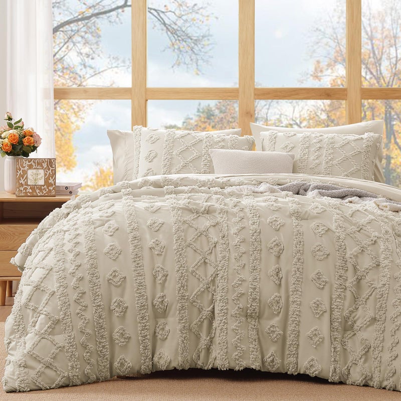 WRENSONGE King Size Comforter Set with Sheets - 7 Pieces Beige Tufted Bed in a Bag King Shabby Chic Bedding Sets with 1 Comforter, 2 Sheets, 2 Pillowcases & 2 Shams - Image 1