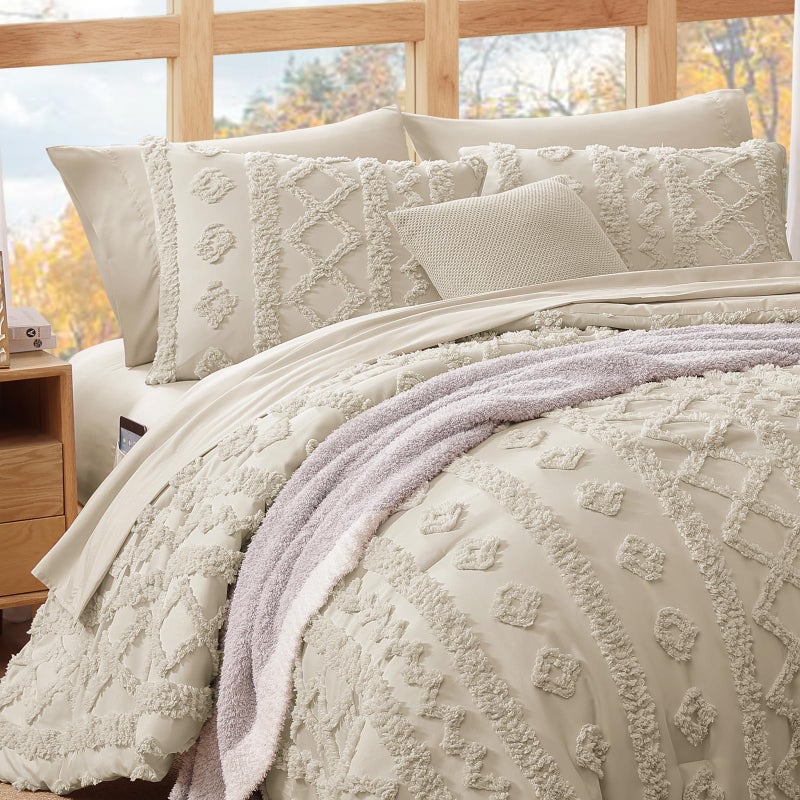 WRENSONGE King Size Comforter Set with Sheets - 7 Pieces Beige Tufted Bed in a Bag King Shabby Chic Bedding Sets with 1 Comforter, 2 Sheets, 2 Pillowcases & 2 Shams - Image 3