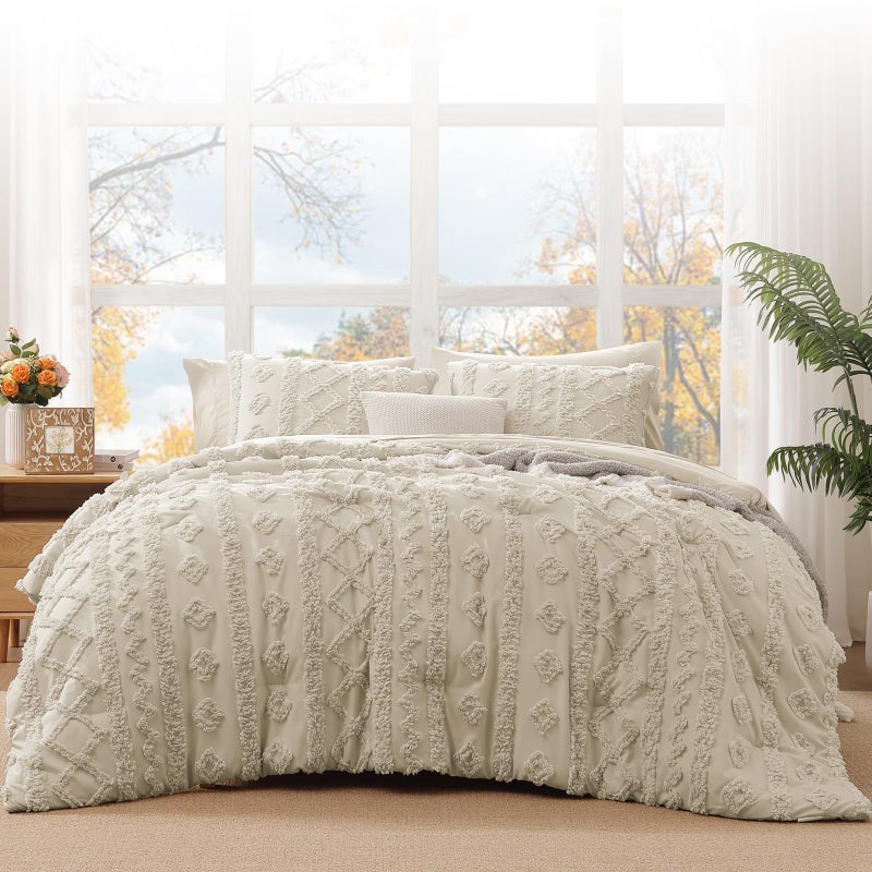 WRENSONGE King Size Comforter Set with Sheets - 7 Pieces Beige Tufted Bed in a Bag King Shabby Chic Bedding Sets with 1 Comforter, 2 Sheets, 2 Pillowcases & 2 Shams - Image 2