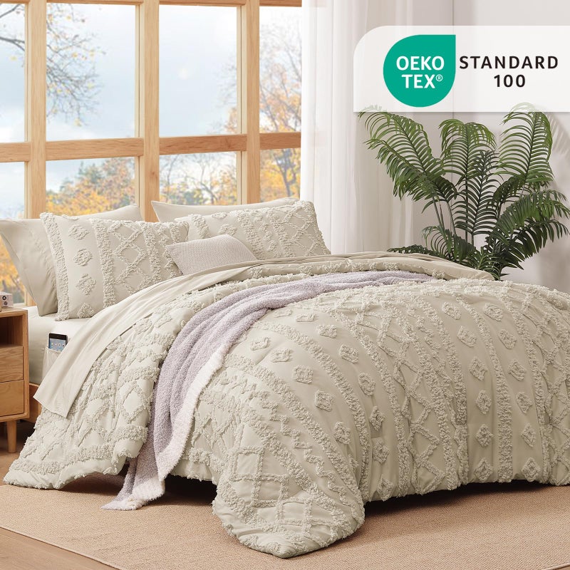 WRENSONGE King Size Comforter Set with Sheets - 7 Pieces Beige Tufted Bed in a Bag King Shabby Chic Bedding Sets with 1 Comforter, 2 Sheets, 2 Pillowcases & 2 Shams - Image 5