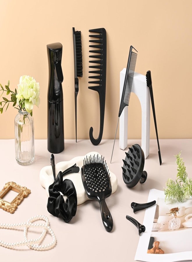 SUPHOUSE 12 Pcs Hair Brush Set, Hair Styling Comb Set, HairBrush Set with Detangler Brush Teasing Hair Brush Rat Tail Comb Edge Brush, Soft Bristles Baby Hair Brushes with Combs for Baby Girls Women (Black) - Image 3
