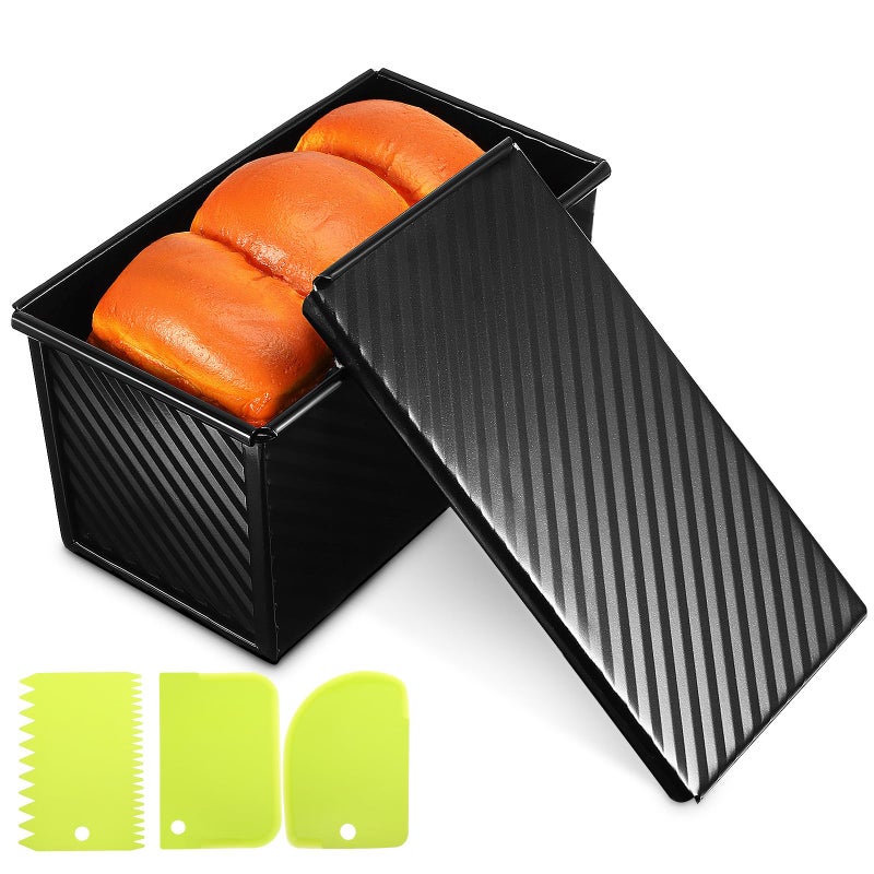 Non Stick Square Bread Pan With Lid And 3 Dough Scrapers Black Baking Loaf Mold - Image 2