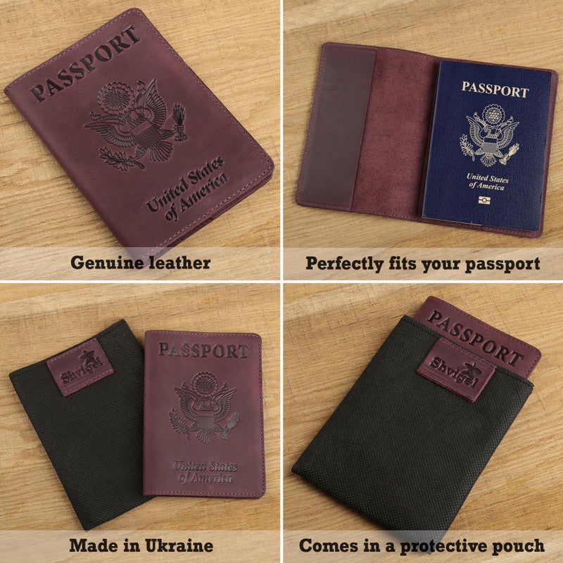 Shvigel US Leather Passport Book Cover - Thin American Travel Passport Holder - Premium International USA Passport Protector Case for Women Men (Maroon Vintage) - Image 3