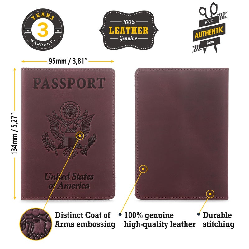 Shvigel US Leather Passport Book Cover - Thin American Travel Passport Holder - Premium International USA Passport Protector Case for Women Men (Maroon Vintage) - Image 2