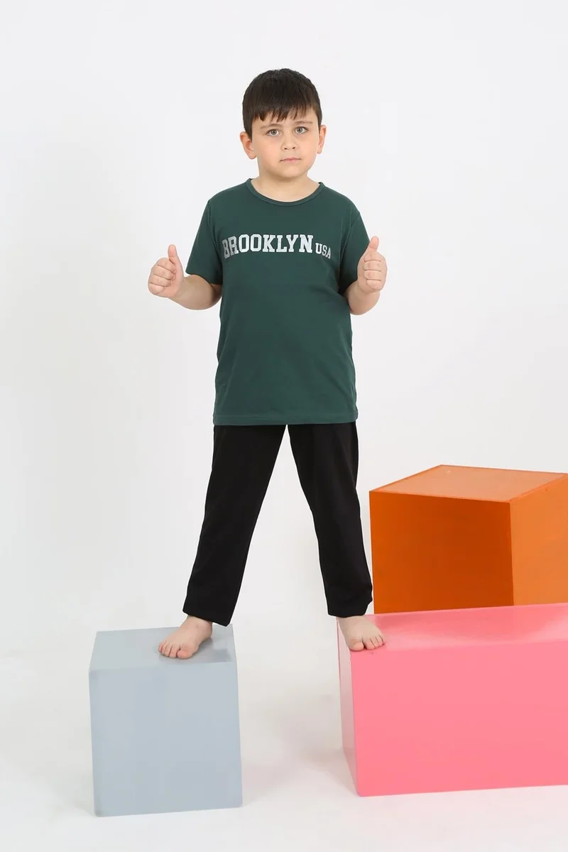 Akbeniz Boy's Short Sleeve Emerald Green Combed Cotton Pajama Set 20436