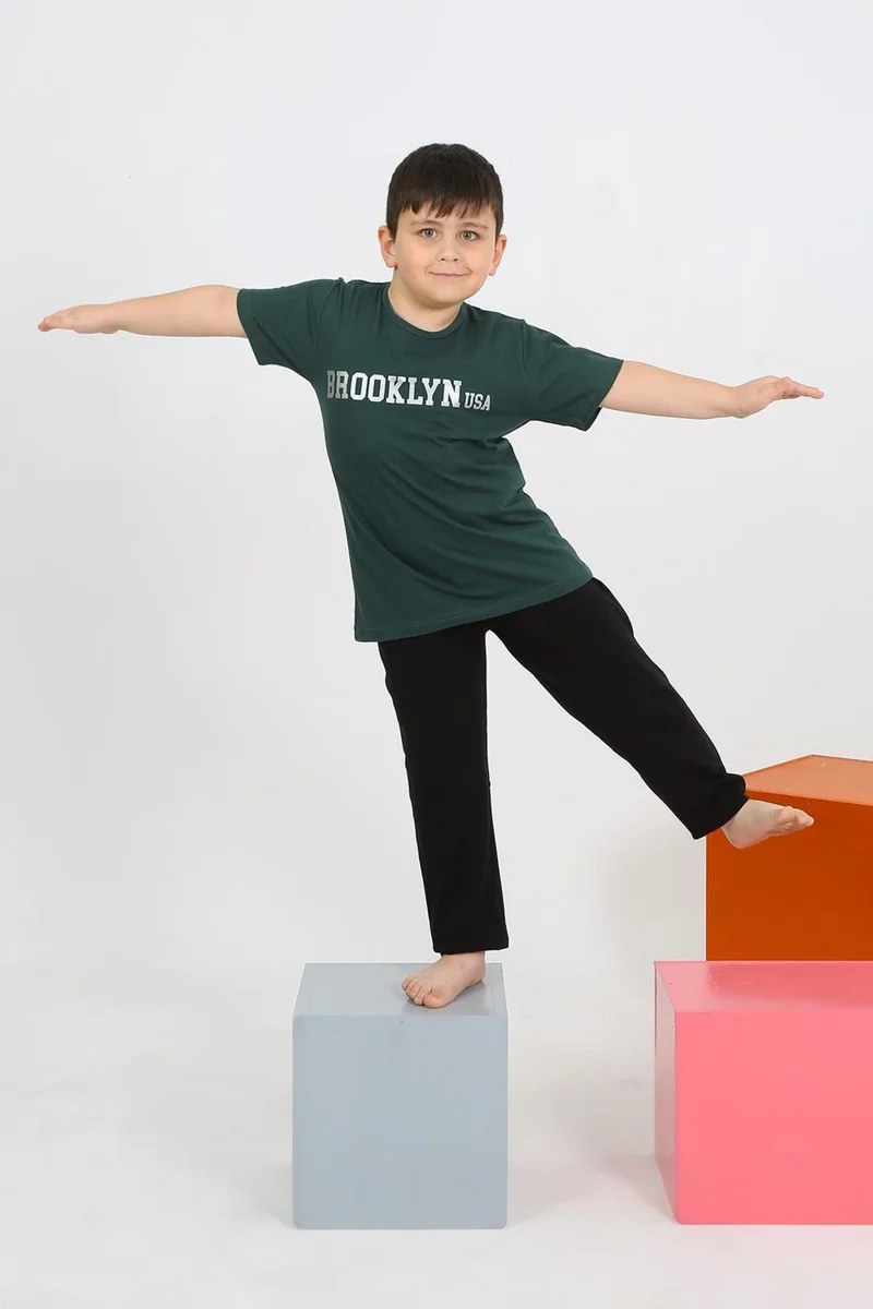 Akbeniz Boy's Short Sleeve Emerald Green Combed Cotton Pajama Set 20436
