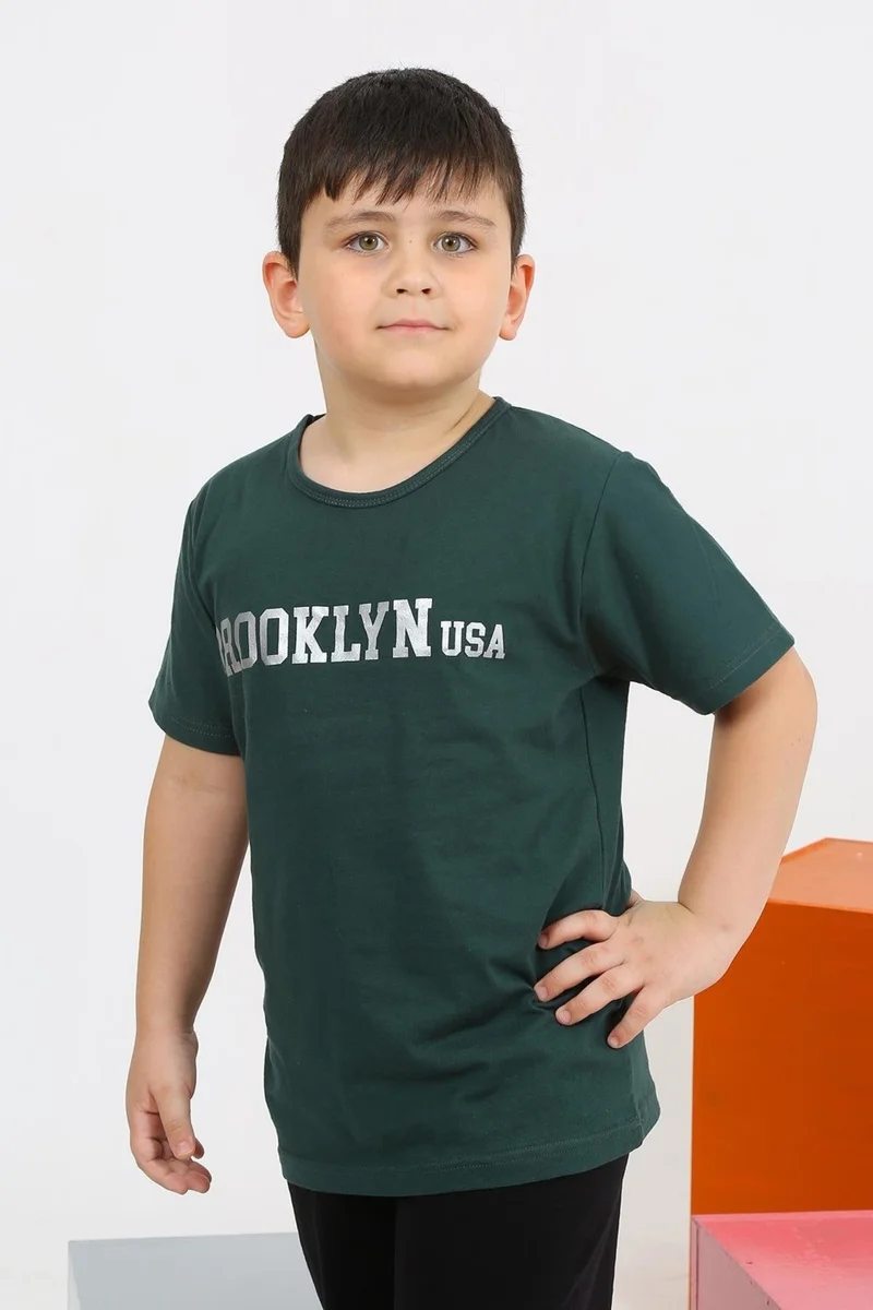 Akbeniz Boy's Short Sleeve Emerald Green Combed Cotton Pajama Set 20436