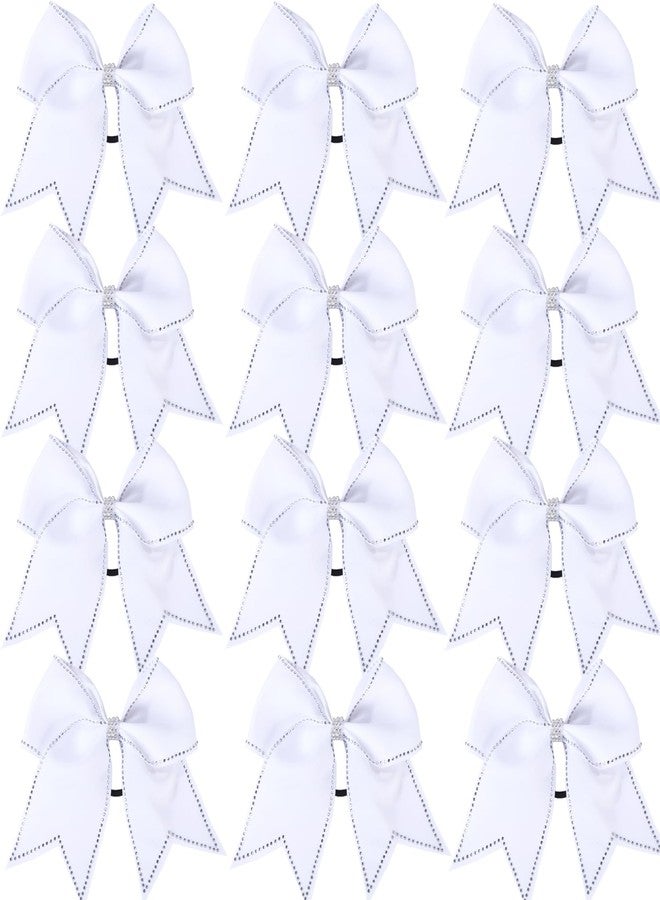 Hipcheer Large Rhinestones Cheer Hair Bows,12 PCS Glitter 7" Cheer Bows Ponytail Holder Girls Hair Bows for Cheerleaders Girls Softball Sports Competition (White) - Image 1