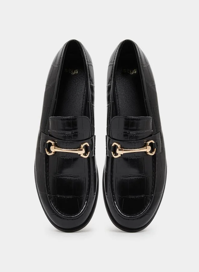 Styli Black Black Croc Textured Bit Loafers for Women | Best Price UAE