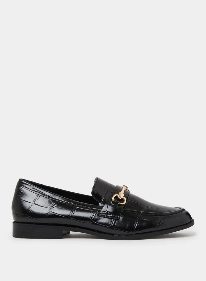 Styli Black Croc Textured Bit Loafers