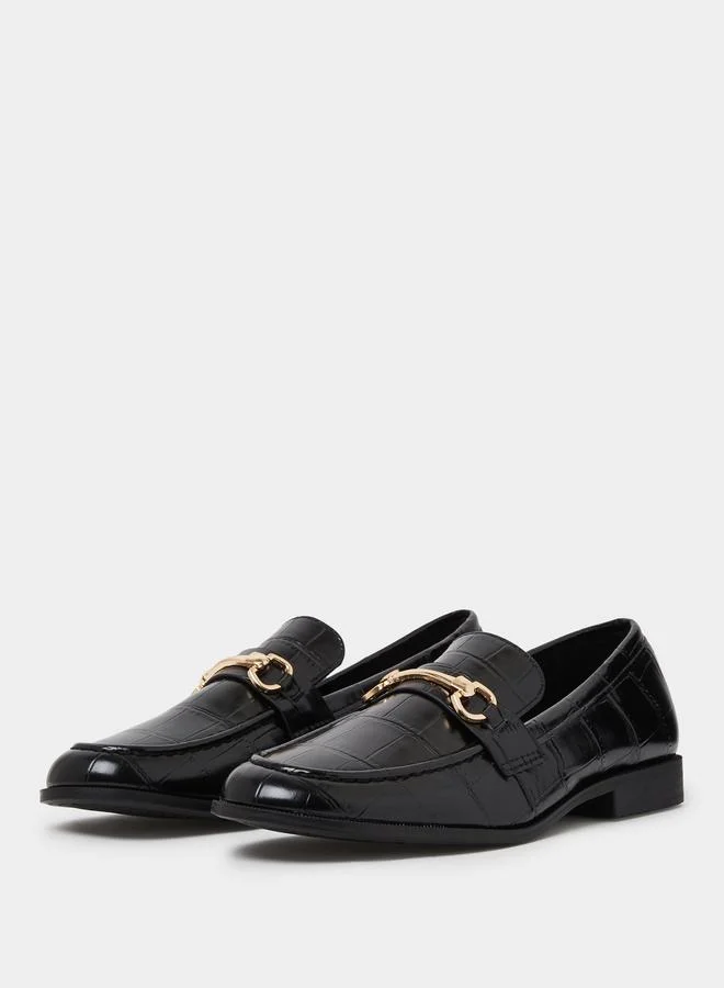 Styli Black Croc Textured Bit Loafers
