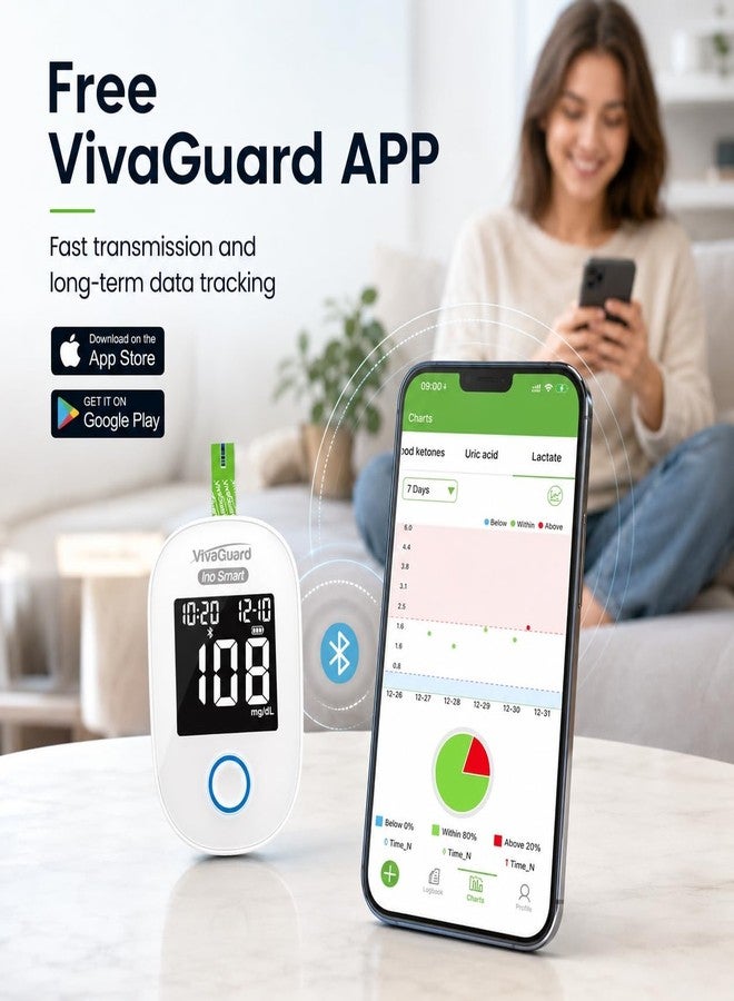 VivaGuard مجموعة فيفا جارد لمراقبة نسبة السكر في الدم مع 100 شريط قياس السكر و100 إبرة وخز - Image 4