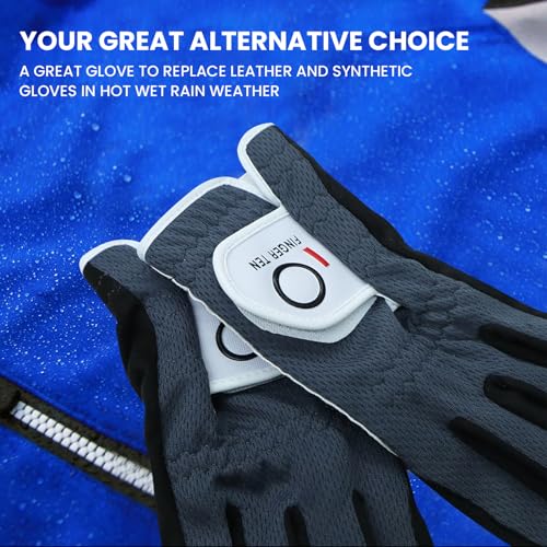 FINGER TEN Men's Golf Gloves for Right Left Handed Golfer Rain Grip Value 2 Pack, Golf Glove for Hot Wet Weather No Sweat Black Gray White Blue (Black, M/Large-Worn on Left Hand) - Image 3