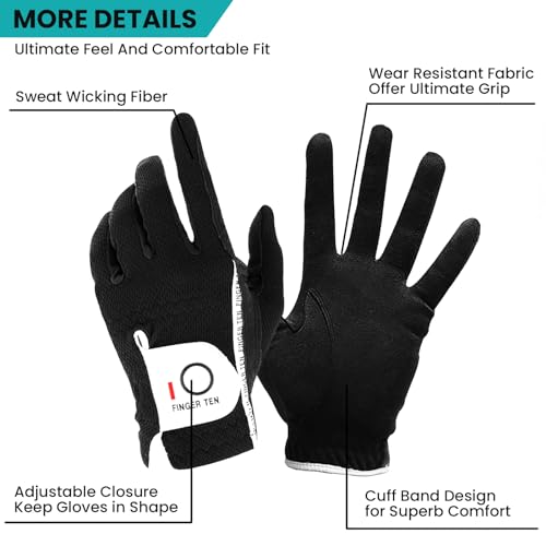 FINGER TEN Men's Golf Gloves for Right Left Handed Golfer Rain Grip Value 2 Pack, Golf Glove for Hot Wet Weather No Sweat Black Gray White Blue (Black, M/Large-Worn on Left Hand) - Image 2