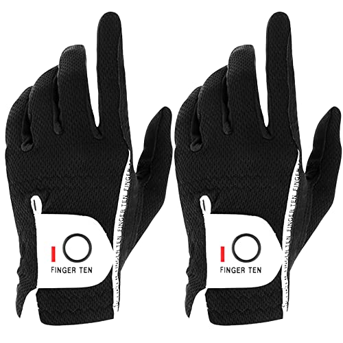 FINGER TEN Men's Golf Gloves for Right Left Handed Golfer Rain Grip Value 2 Pack, Golf Glove for Hot Wet Weather No Sweat Black Gray White Blue (Black, M/Large-Worn on Left Hand) - Image 1