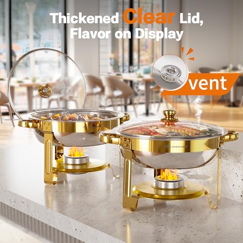 IMXSUMDA Chafing Dish Buffet Set 4 Pack, 5QT Gold Round Chafing Dishes for Buffet, High Grade Chafers and Buffet Warmers Sets with Glass Lid, Rolled-Edge Food Warmers for Parties, Weddings, Catering - Image 3