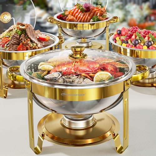 IMXSUMDA Chafing Dish Buffet Set 4 Pack, 5QT Gold Round Chafing Dishes for Buffet, High Grade Chafers and Buffet Warmers Sets with Glass Lid, Rolled-Edge Food Warmers for Parties, Weddings, Catering - Image 1