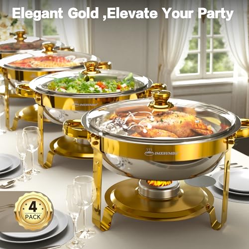 IMXSUMDA Chafing Dish Buffet Set 4 Pack, 5QT Gold Round Chafing Dishes for Buffet, High Grade Chafers and Buffet Warmers Sets with Glass Lid, Rolled-Edge Food Warmers for Parties, Weddings, Catering - Image 5