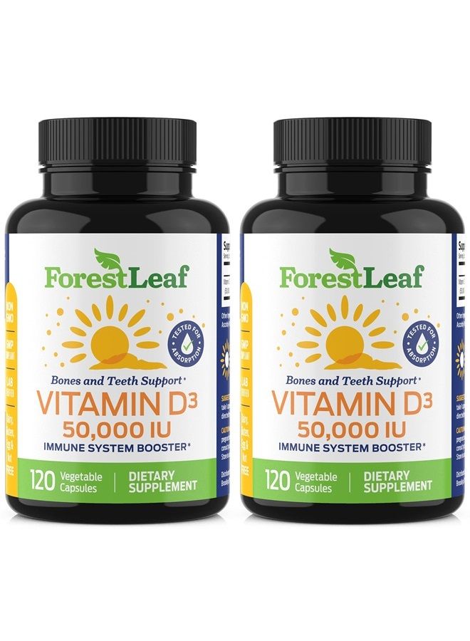 ForestLeaf Vitamin D3 50,000 IU Weekly Supplement - Vegetable Vitamin D Capsules for Bones, Teeth, and Immune Support - Easy Swallow Pure Vitamin D3 50000 (120 Count (Pack of 2)) - Image 1