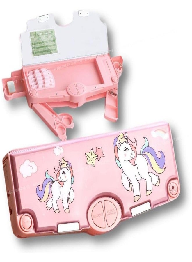 S4SQUARE ENTERPRISE Unicorn Theme Magnetic Pencil Box for Kids | Button Operated Multi-Compartment Pencil Case with Accessories | Pencil Box for Boys & Girls | Durable Plastic Stationery Box (Pink) - Image 1