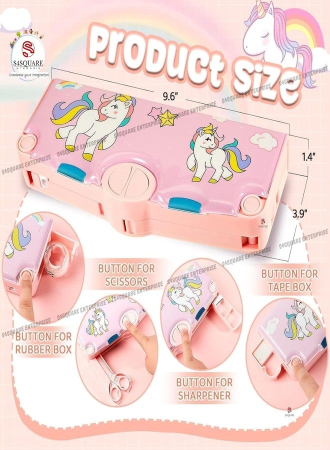 S4SQUARE ENTERPRISE Unicorn Theme Magnetic Pencil Box for Kids | Button Operated Multi-Compartment Pencil Case with Accessories | Pencil Box for Boys & Girls | Durable Plastic Stationery Box (Pink) - Image 2