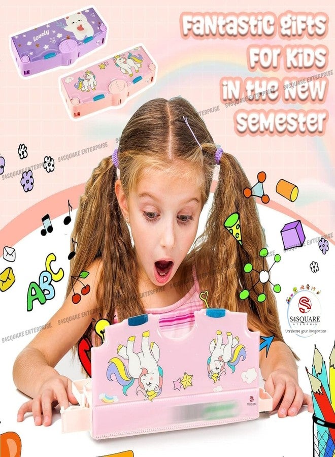 S4SQUARE ENTERPRISE Unicorn Theme Magnetic Pencil Box for Kids | Button Operated Multi-Compartment Pencil Case with Accessories | Pencil Box for Boys & Girls | Durable Plastic Stationery Box (Pink) - Image 3