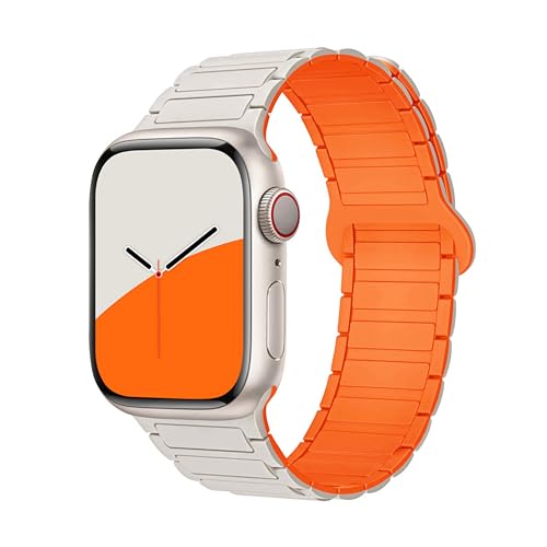 GUOi® Magnetic Silicone Watchband Compatible with Apple Watch Ultra 2＆Ultra 49mm 45mm 44mm 42mm 46mm-Men&Women Strap for iWatch Se10/9/8/7/6/5/4/3/2/1 SE 46/44/45/49/42mm(Series 3/2/1)-White+Orange - Image 1