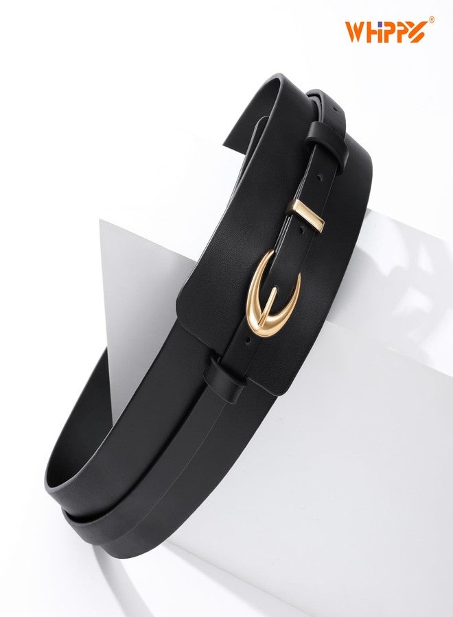 WHIPPY Women Wide Leather Belt Fashion Ladies Dress Belt 2-in-1 Waistband with Skinny Belt for Suits, Black, M - Image 4