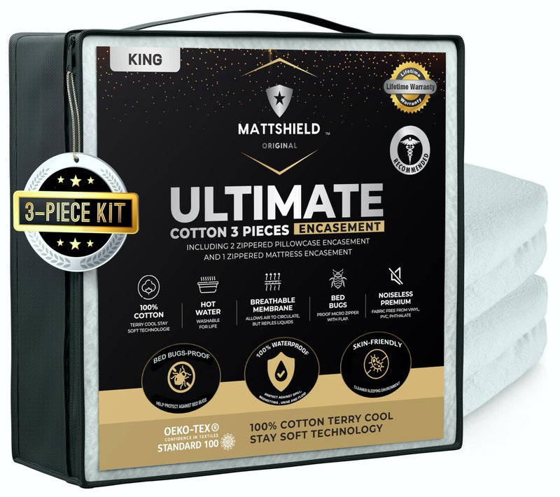 MATTSHIELD ORIGINAL MATTSHIELD Ultimate 3-Piece Kit - Bed Bug-Proof Mattress Cover King Size 100% Cotton Top + 2 Queen Pillow Protectors with Zipper - 6 Sided Waterproof Encasement, Total Defense Kit - Image 1