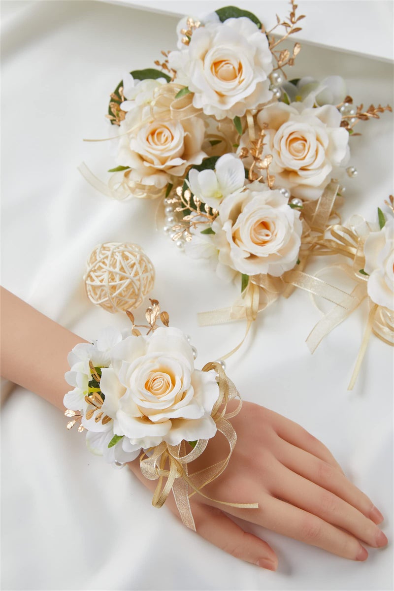 Meldel Champagne Prom Flower Wrist Corsage for Wedding Set of 6 Rose Wrist Flower for Mother of Bride and Groom  Bride Bridesmaid Girl Women Party Homecoming Ceremony Anniversary