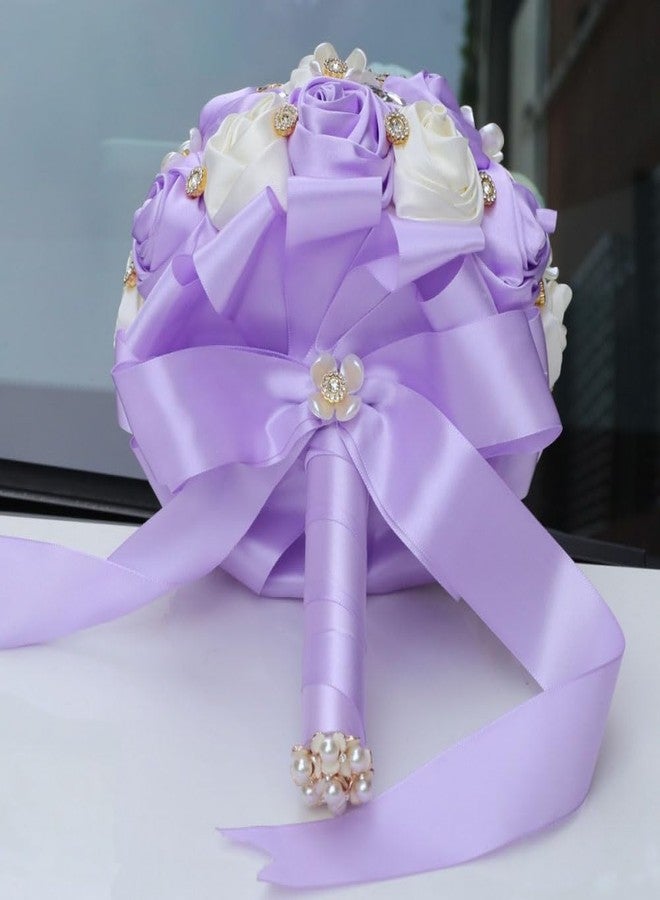 Gkvszy Lilac Ivory Wedding Bridal Bouquet with Rhinestone Brooch Bouquet for Bride Bridesmaid Quinceanera Satin Rose Flower Bouquet Wedding Light Purple Lilac and Ivory 7.5in - Image 5
