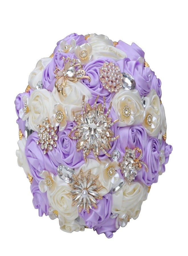 Gkvszy Lilac Ivory Wedding Bridal Bouquet with Rhinestone Brooch Bouquet for Bride Bridesmaid Quinceanera Satin Rose Flower Bouquet Wedding Light Purple Lilac and Ivory 7.5in - Image 1